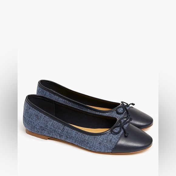 J. Crew Navy Tweed Ballet Flats with Black Cap-Toe Design & Bows Size 11 - Picture 1 of 6